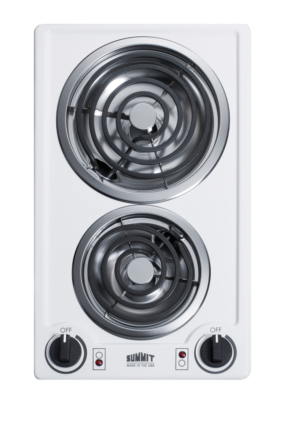 115V 2-burner coil cooktop in white porcelain with cord included; made in the USA